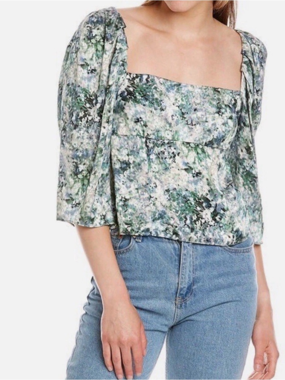 Vince Abstract Floral Square NeckGreen Blue Flowy Blouse Artsy Size 12